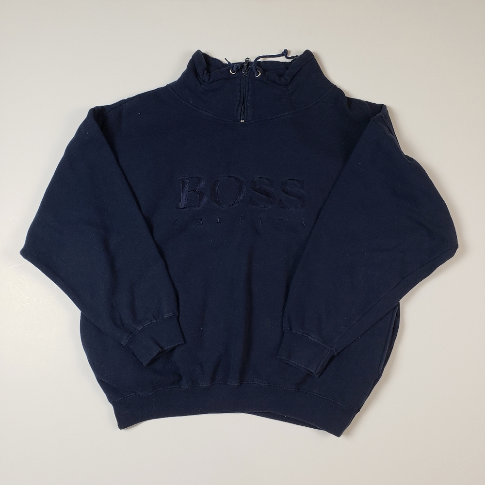 Hugo Boss Washed Navy Blue Mock Neck Zip Closure Sweater Size Large